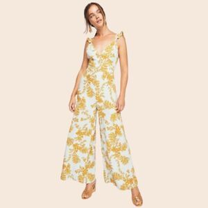 Free People Blue & Goldenrod Floral Ruffle Be The One Wide Leg Jumpsuit Size 2
